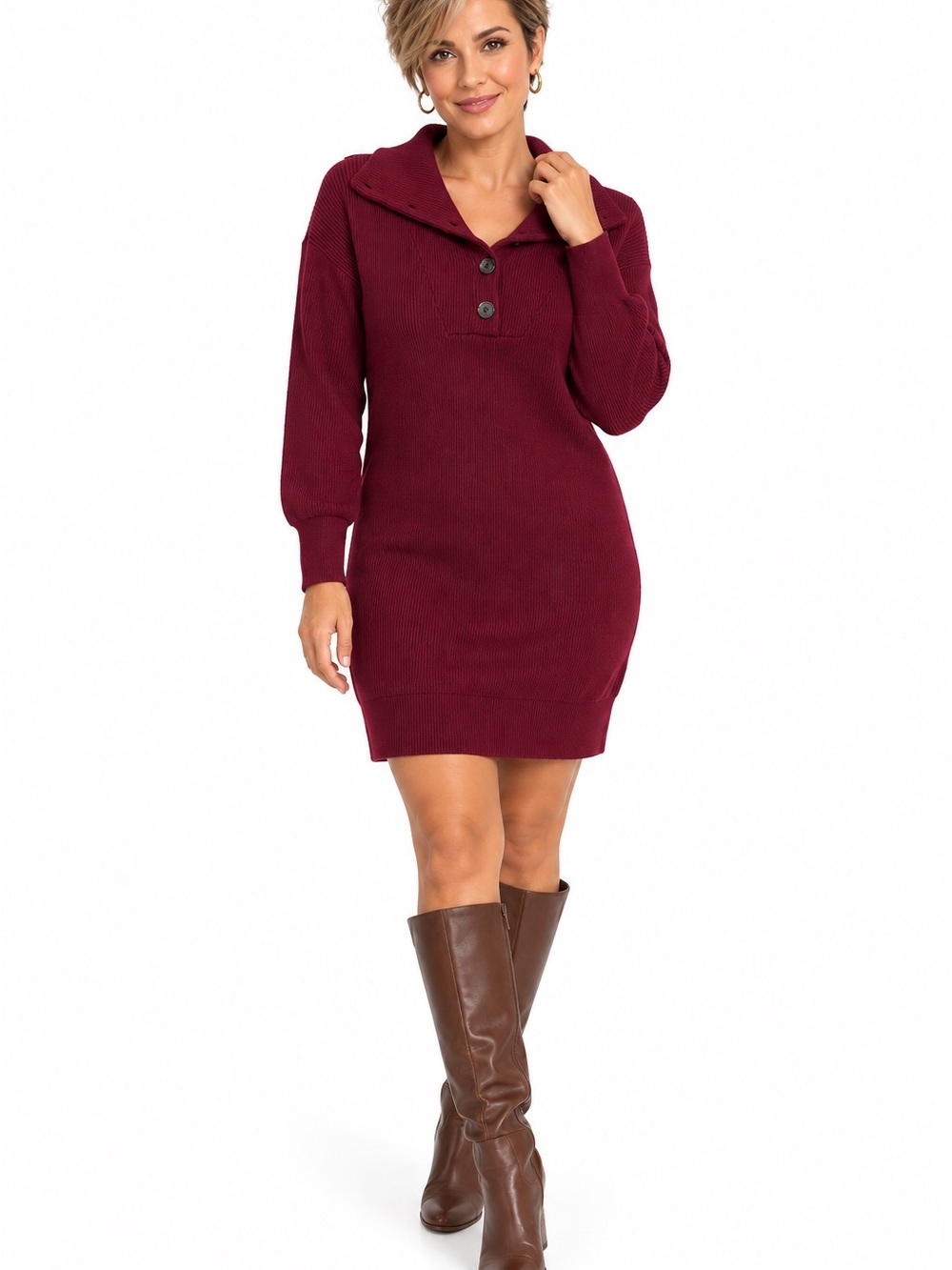 ANRABESS Sweater Dress Size S Burgundy Ribbed NWT Button Collar